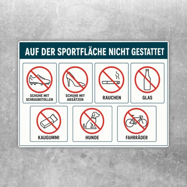 Aufkleber mit Verbotssymbolen für Sportflächen: Schraubstollen, Absätze, Rauchen, Glas, Kaugummi, Hunde und Fahrräder.