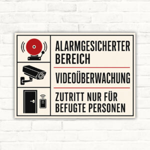 Alarmgesicherter Bereich Videoüberwachung Zutritt nur für Befugte Schild mit gut lesbarem Motiv und klarer Beschriftung als bedrucktes Schild aus Aluminium-Verbundplatte.
