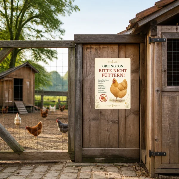 KI-generiertes Anwendungsbeispiel: Orpington-Huhn Aufkleber mit Bitte nicht füttern Hinweis an einer Stalltür.