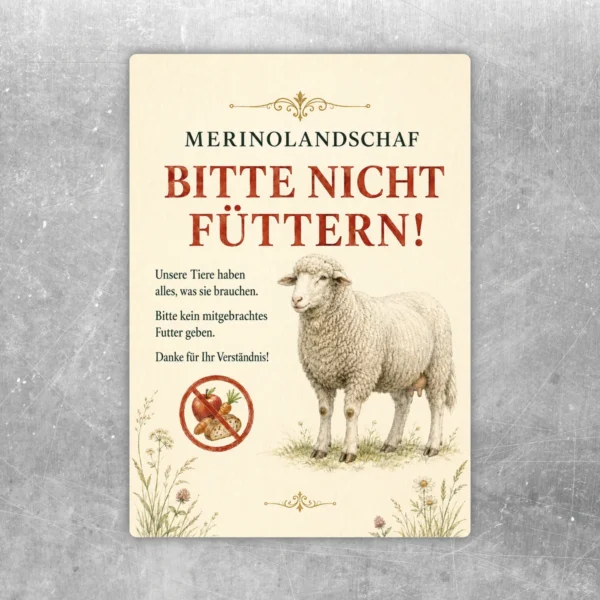 Merinolandschaf Bitte nicht füttern Aufkleber mit Schafmotiv, rotem Hinweistext und cremefarbenem Hintergrund für Hof und Weide.