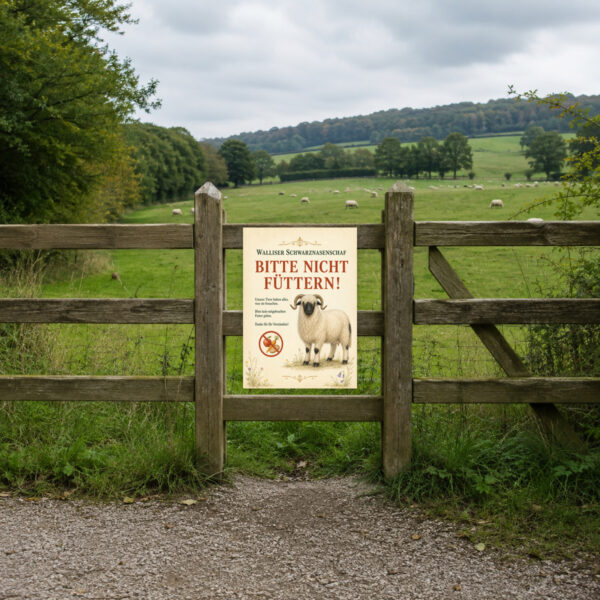 KI-generiertes Anwendungsbeispiel: Bitte nicht füttern Schild mit Walliser Schwarznasenschaf für Hofeingang und Weide.