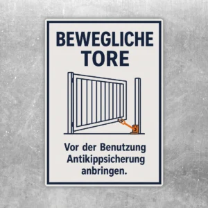 Aufkleber mit Text Bewegliche Tore und Hinweis, vor der Benutzung die Antikippsicherung anzubringen.