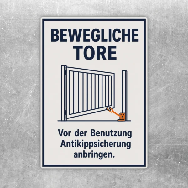 Aufkleber mit Text Bewegliche Tore und Hinweis, vor der Benutzung die Antikippsicherung anzubringen.