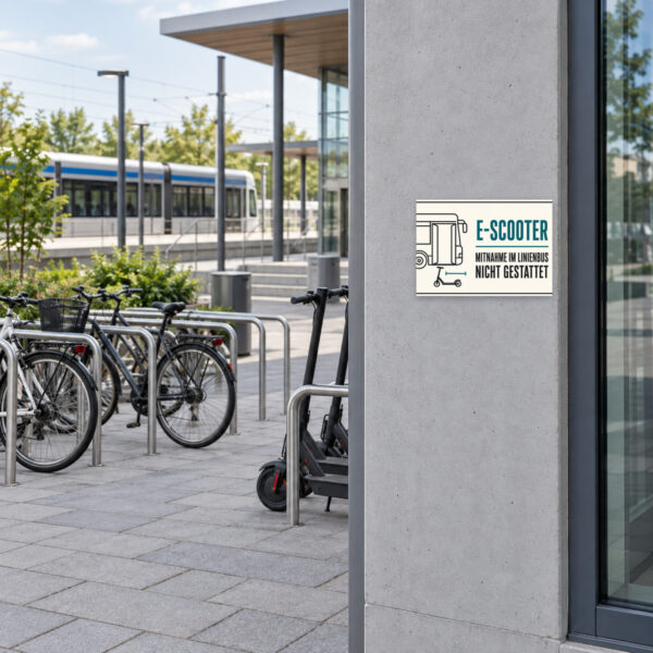 KI-generiertes Anwendungsbeispiel: Verbotsschild mit Bus- und E-Scooter-Symbol sowie dem Text „E-Scooter Mitnahme im Linienbus nicht gestattet“ im Querformat.