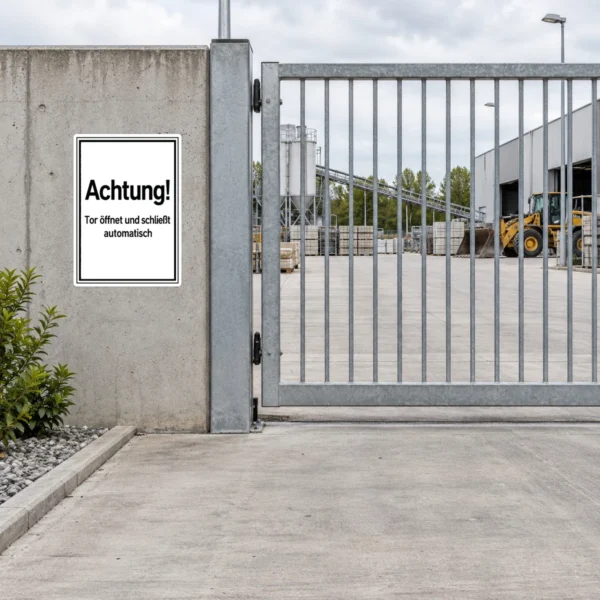 KI-generiertes Anwendungsbeispiel: Warnaufkleber Achtung Tor öffnet und schließt automatisch auf grauem Untergrund.