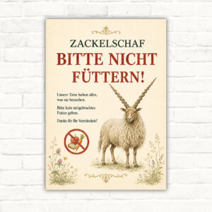 Schild mit Zackelschaf und dem Text „Bitte nicht füttern!“ als Hochformat für Hof und Weide.