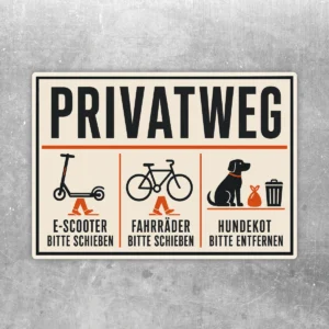 Privatweg Aufkleber im Querformat mit E-Scooter, Fahrrad, Hundekot-Hinweis und schwarzer Schrift auf Creme.