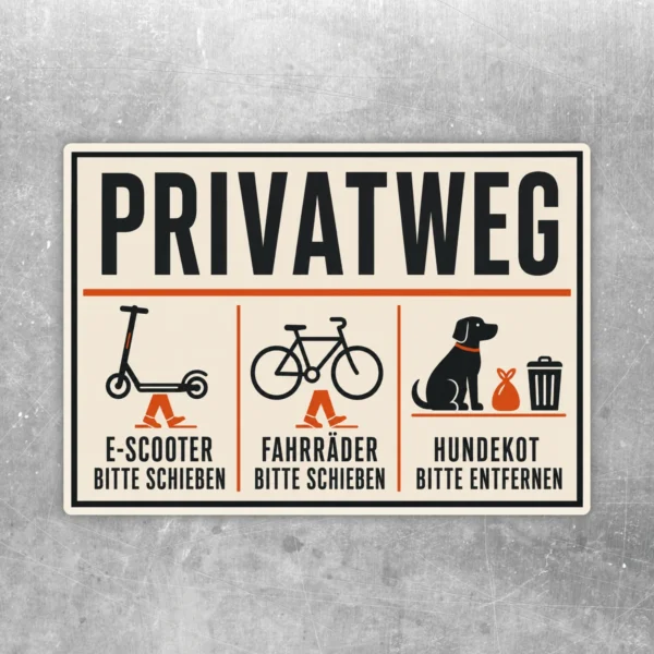 Privatweg Aufkleber im Querformat mit E-Scooter, Fahrrad, Hundekot-Hinweis und schwarzer Schrift auf Creme.