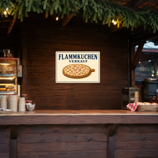 KI-generiertes Anwendungsbeispiel eines Flammkuchen Verkauf Aufklebers in Querformat auf glatter Verkaufsfläche mit appetitlichem Motiv.
