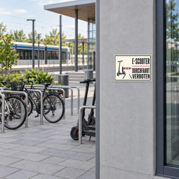 KI-generiertes Anwendungsbeispiel: E-Scooter Durchfahrt verboten Schild als Querformat-Hinweis an einer Hofeinfahrt mit klarer Sperrbalken-Optik.