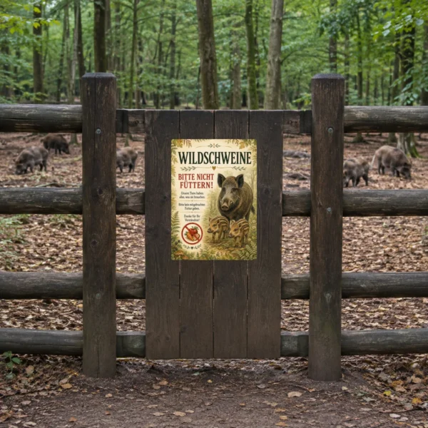 KI-generiertes Anwendungsbeispiel: Wildschweine bitte nicht füttern Aufkleber im Hochformat mit Waldmotiv und Warnhinweis am Forstweg.