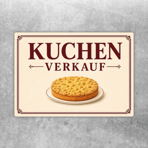 Kuchen Verkauf Aufkleber in Creme und Dunkelrot mit Kuchenmotiv für Theke, Fenster oder Marktstand.
