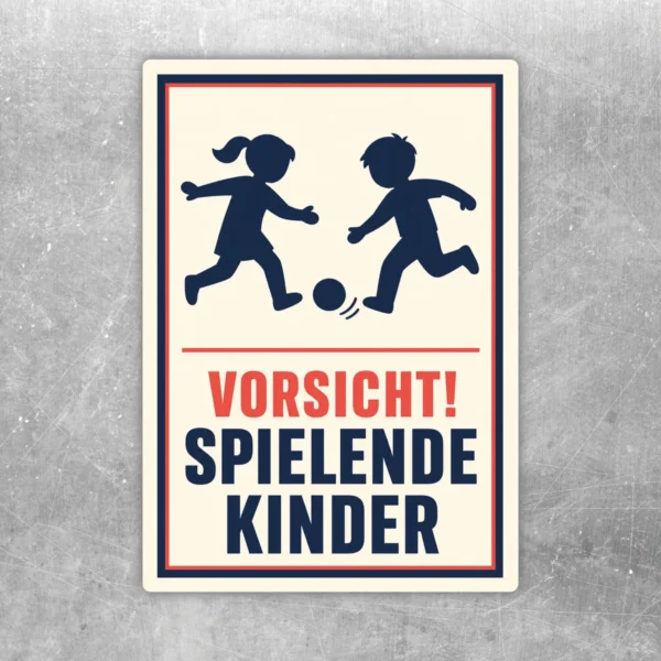 Vorsicht spielende Kinder Aufkleber im Hochformat mit rotem Warntext, dunkelblauen Kindersilhouetten und cremefarbenem Hintergrund.