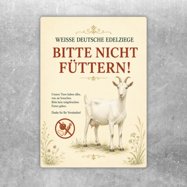 Bitte nicht füttern Aufkleber mit weißer deutscher Edelziege in Creme, Rotbraun und Grün für Hof und Stall.