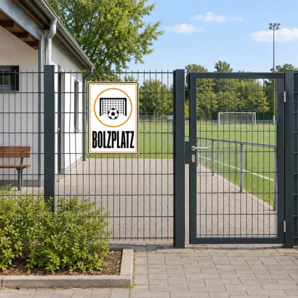 KI-generiertes Anwendungsbeispiel: Bolzplatz Aufkleber mit Tor, Ball und orangefarbenem Kreis auf glatter Fläche montiert.