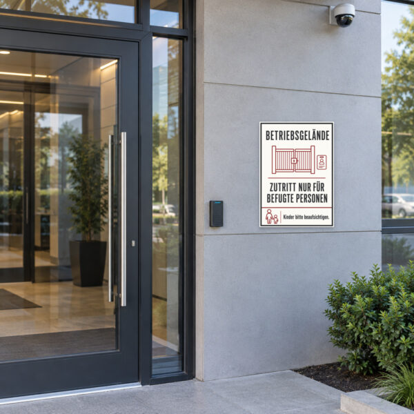 KI-generiertes Anwendungsbeispiel: Betriebsgelände Schild mit Tor-Symbol, Zutritt nur für befugte Personen und Kinder bitte beaufsichtigen.