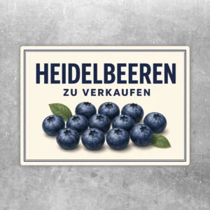 Heidelbeeren zu verkaufen Aufkleber mit blauen Beeren und grünem Blattmotiv auf cremefarbenem Hintergrund.