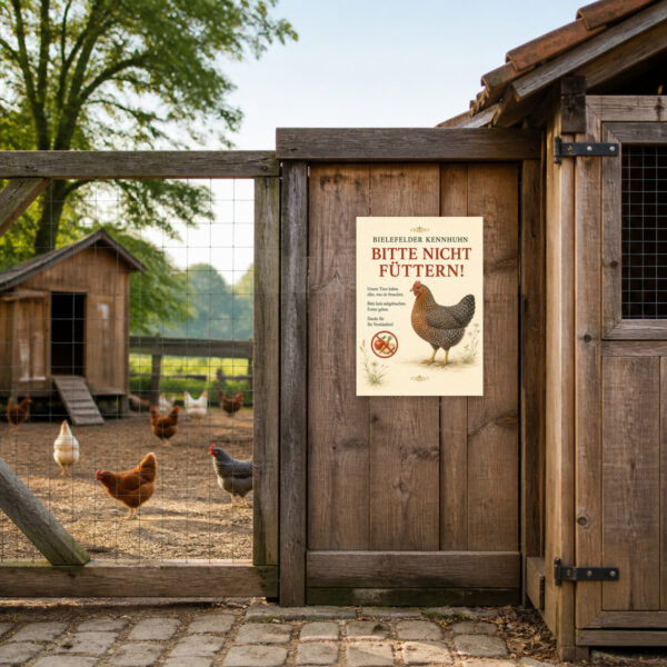 KI-generiertes Anwendungsbeispiel: Bielefelder Kennhuhn bitte nicht füttern Schild am Hühnerzaun mit klarer Warnung für Besucher.
