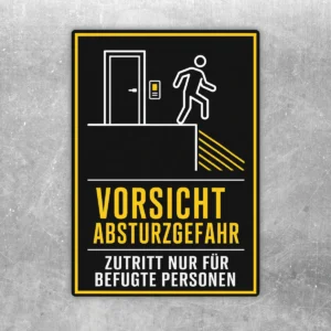 Vorsicht Absturzgefahr Aufkleber in Schwarz-Gelb-Weiß mit Piktogramm, Kante und Text Zutritt nur für befugte Personen.