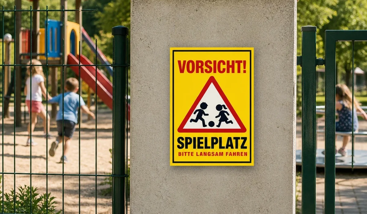 Vorsicht Spielplatz Schild an einem Spielplatzeingang
