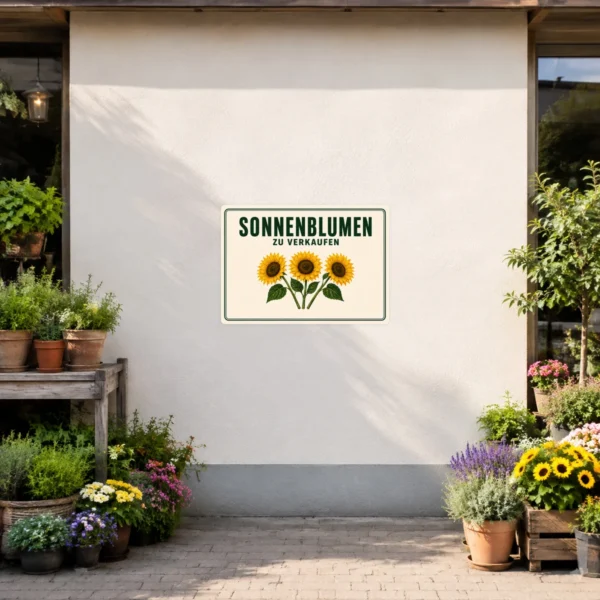 KI-generiertes Anwendungsbeispiel: Sonnenblumen zu verkaufen Aufkleber auf einer glatten Verkaufskiste mit sonnigem Blumenmotiv.