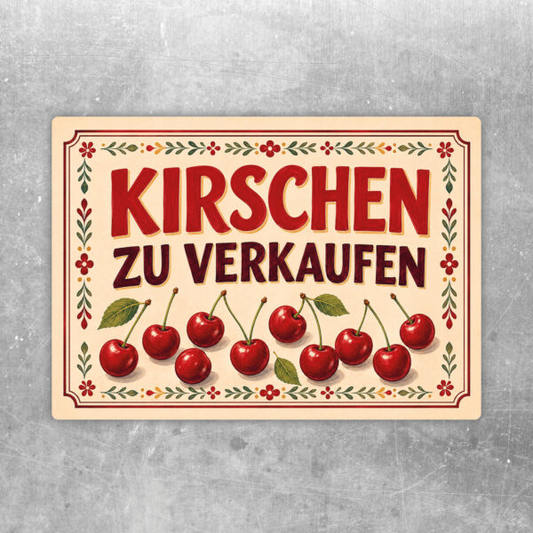 Kirschen zu verkaufen Aufkleber mit roten Kirschen, grünem Randmuster und großem Schriftzug auf beige-farbenem Hintergrund.