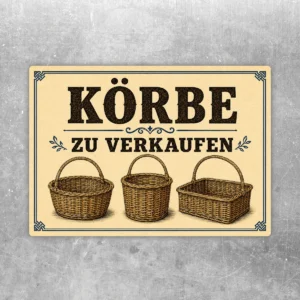 Körbe zu verkaufen Aufkleber im Vintage-Design mit drei Korbdarstellungen und klarer Beschriftung auf hellem Hintergrund.