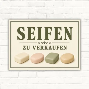 Schild mit der Aufschrift „SEIFEN ZU VERKAUFEN“ und vier Seifenstücken als Verkaufsbeschilderung.