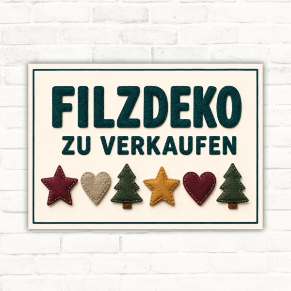 Schild mit der Aufschrift „FILZDEKO ZU VERKAUFEN“ und dekorativen Filzmotiven als Verkaufsschild.