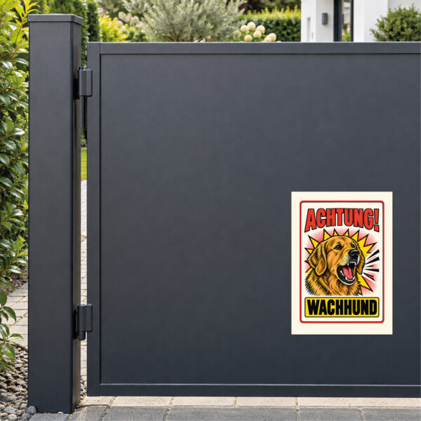 Golden Retriever Schild Achtung Wachhund – Anwendungsbeispiel am Grundstückseingang