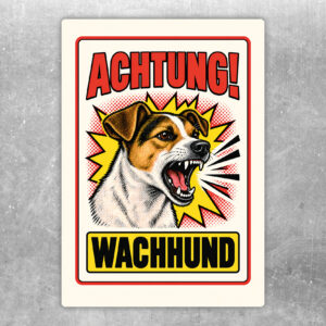 Jack Russell Terrier Aufkleber Achtung Wachhund – Originalansicht im Retro-Comicstil
