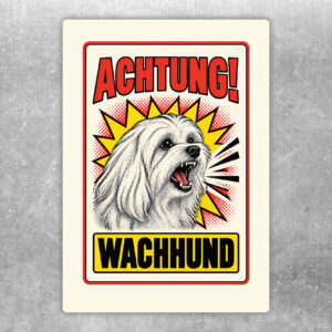 Malteser Aufkleber Achtung Wachhund – Originalansicht im Retro-Comicstil