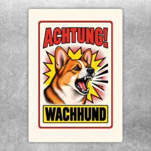 Welsh Corgi Pembroke Aufkleber Achtung Wachhund – Originalansicht im Retro-Comicstil