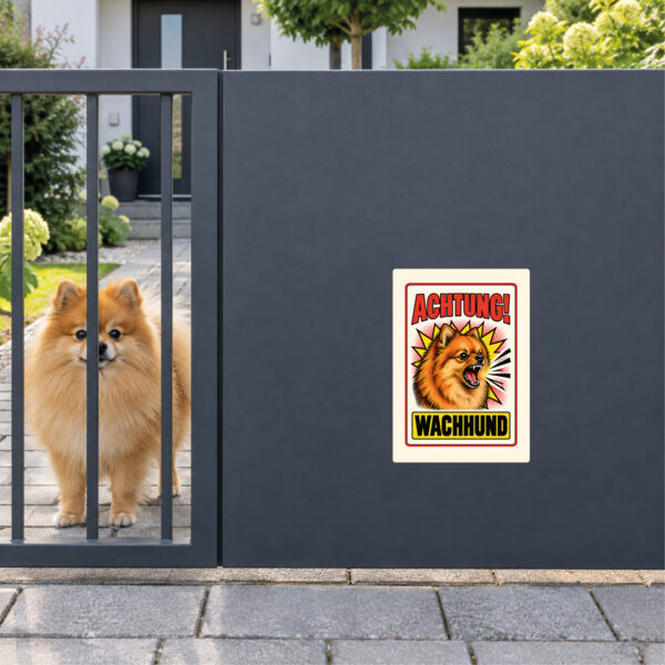 Zwergspitz / Pomeranian Aufkleber Achtung Wachhund – Anwendungsbeispiel am Grundstückseingang