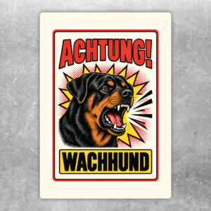 Rottweiler Aufkleber Achtung Wachhund – Originalansicht im Retro-Comicstil