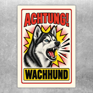 Siberian Husky Aufkleber Achtung Wachhund – Originalansicht im Retro-Comicstil