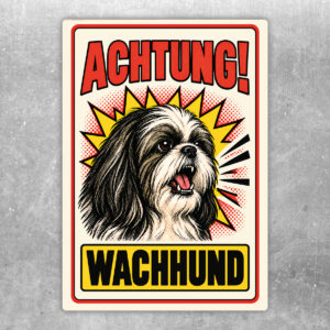 Shih Tzu Aufkleber Achtung Wachhund – Originalansicht im Retro-Comicstil