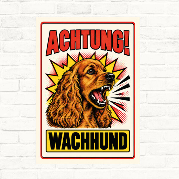 English Cocker Spaniel Schild Achtung Wachhund – Originalansicht im Retro-Comicstil