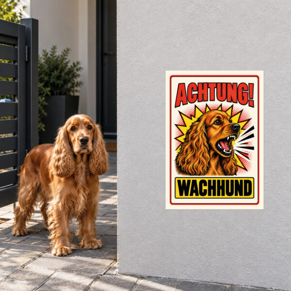 English Cocker Spaniel Schild Achtung Wachhund – Anwendungsbeispiel am Grundstückseingang