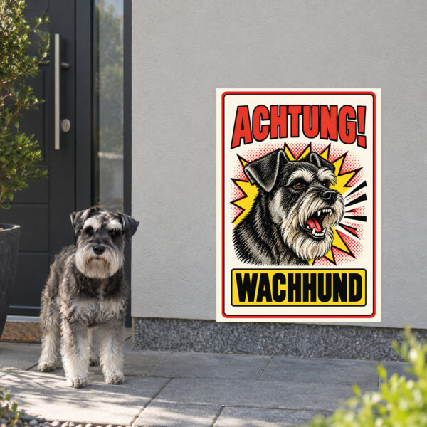 Zwergschnauzer Schild Achtung Wachhund – Anwendungsbeispiel am Grundstückseingang