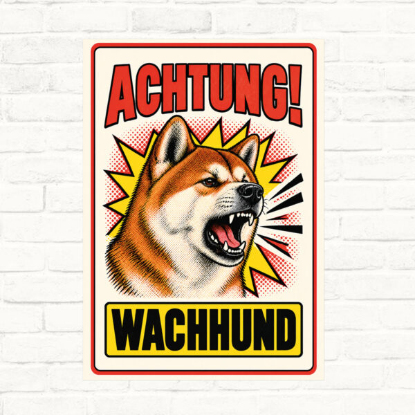 Akita Inu Schild Achtung Wachhund – Originalansicht im Retro-Comicstil