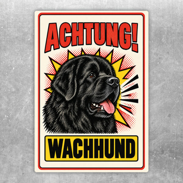 Neufundländer Aufkleber „Achtung! Wachhund“ im Retro-Comicstil – Hochformat – Produktansicht