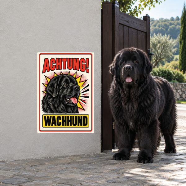 Neufundländer Aufkleber „Achtung! Wachhund“ im Retro-Comicstil – Hochformat – Anwendung am Eingang