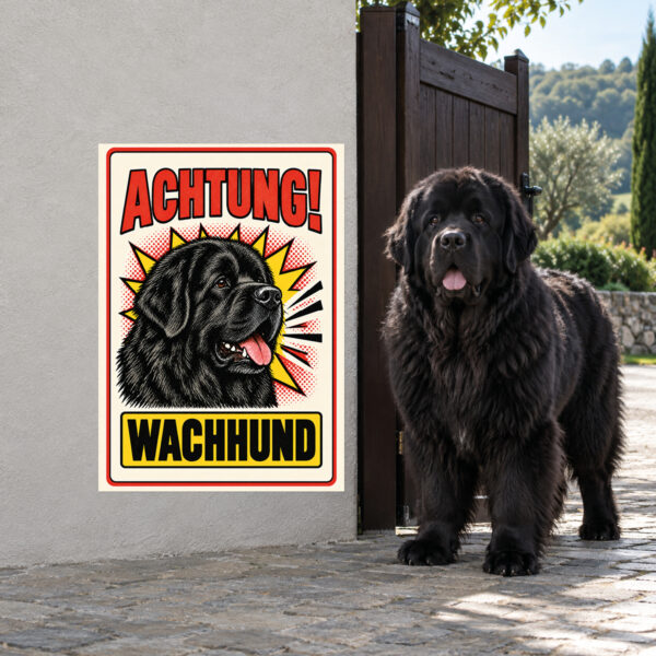 Neufundländer Schild „Achtung! Wachhund“ im Retro-Comicstil – Hochformat – Anwendung am Eingang