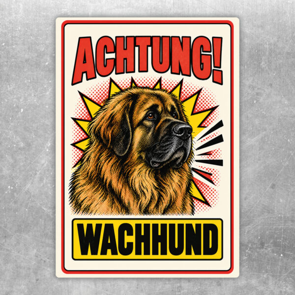 Leonberger Aufkleber „Achtung! Wachhund“ im Retro-Comicstil – Hochformat – Produktansicht