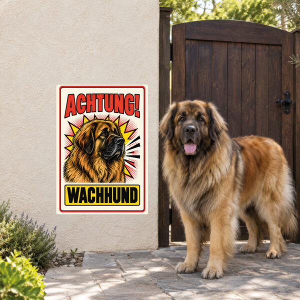 Leonberger Aufkleber „Achtung! Wachhund“ im Retro-Comicstil – Hochformat – Anwendung am Eingang