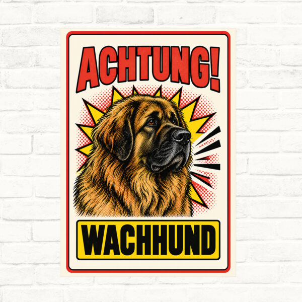 Leonberger Schild „Achtung! Wachhund“ im Retro-Comicstil – Hochformat – Produktansicht