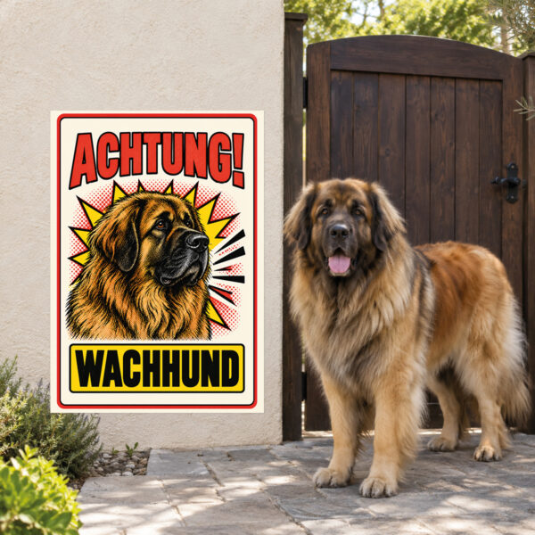 Leonberger Schild „Achtung! Wachhund“ im Retro-Comicstil – Hochformat – Anwendung am Eingang