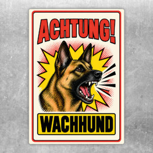 Malinois Aufkleber „Achtung! Wachhund“ im Retro-Comicstil – Hochformat – Produktansicht