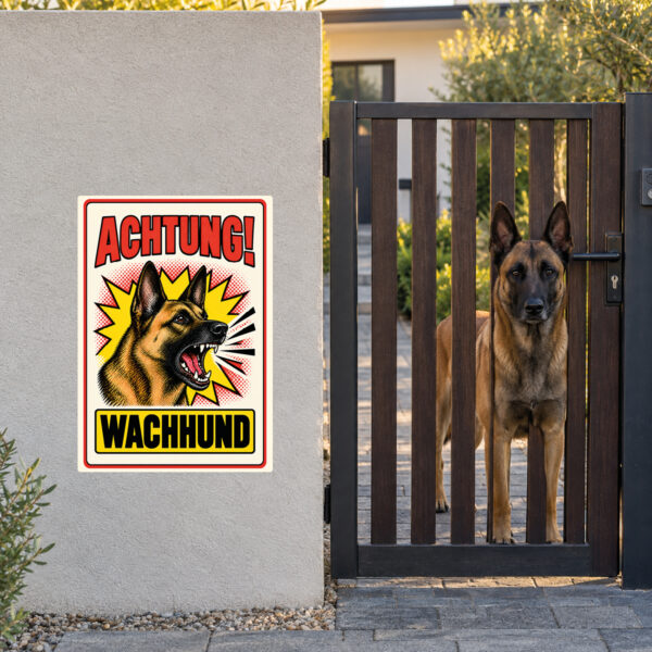 Malinois Aufkleber „Achtung! Wachhund“ im Retro-Comicstil – Hochformat – Anwendung am Eingang